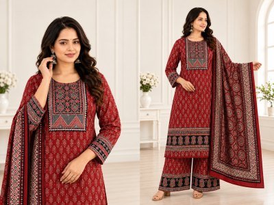 D.No. 2070 Jaipuri Ajrakh Print Kurti Pant Dupatta Combo Set Size wise Combo Set