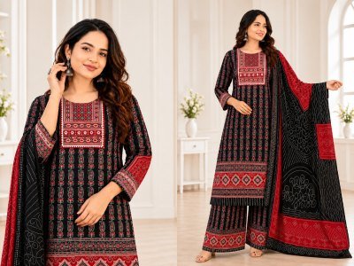 D.No. 2070 Jaipuri Ajrakh Print Kurti Pant Dupatta Combo Set Size wise Combo Set