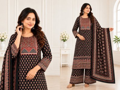D.No. 2070 Jaipuri Ajrakh Print Kurti Pant Dupatta Combo Set Size wise Combo Set