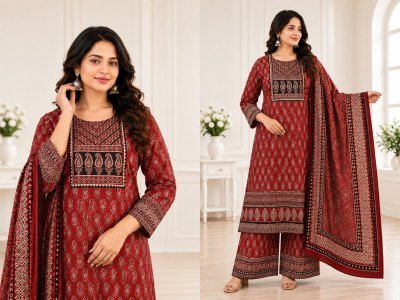 D.No. 2070 Jaipuri Ajrakh Print Kurti Pant Dupatta Combo Set Size wise Combo Set