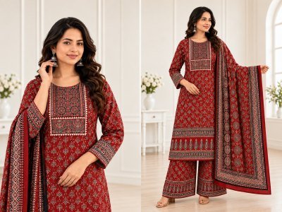 D.No. 2070 Jaipuri Ajrakh Print Kurti Pant Dupatta Combo Set Size wise Combo Set