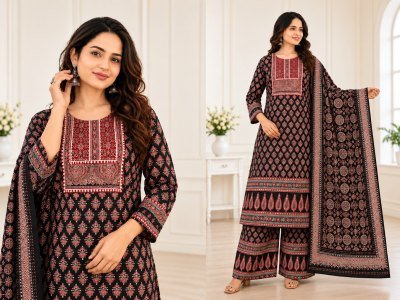 D.No. 2070 Jaipuri Ajrakh Print Kurti Pant Dupatta Combo Set Size wise Combo Set