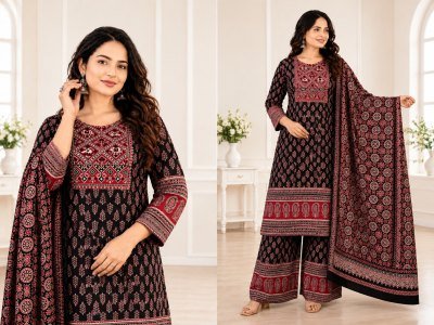 D.No. 2070 Jaipuri Ajrakh Print Kurti Pant Dupatta Combo Set Size wise Combo Set