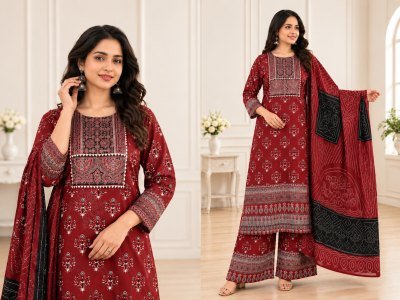 D.No. 2070 Jaipuri Ajrakh Print Kurti Pant Dupatta Combo Set Size wise Combo Set