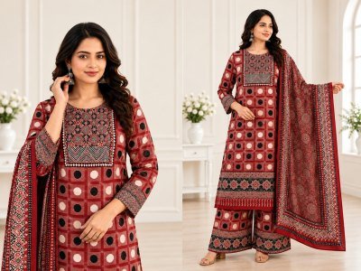 D.No. 2070 Jaipuri Ajrakh Print Kurti Pant Dupatta Combo Set Size wise Combo Set