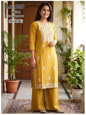 D.No. 220-225 Vetican Fabric Kurti Palazzo Set with Heavy Thread Work and Pocket Size wise Combo Set