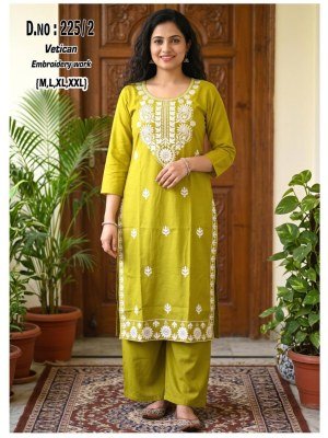 D.No. 220-225 Vetican Fabric Kurti Palazzo Set with Heavy Thread Work and Pocket Size wise Combo Set