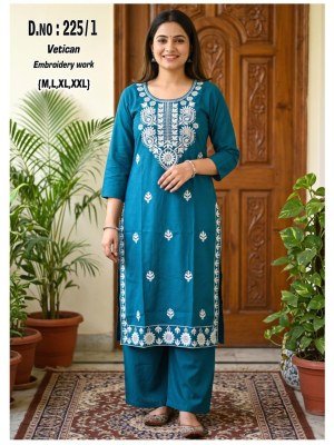 D.No. 220-225 Vetican Fabric Kurti Palazzo Set with Heavy Thread Work and Pocket Size wise Combo Set