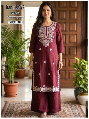 D.No. 220-225 Vetican Fabric Kurti Palazzo Set with Heavy Thread Work and Pocket Size wise Combo Set