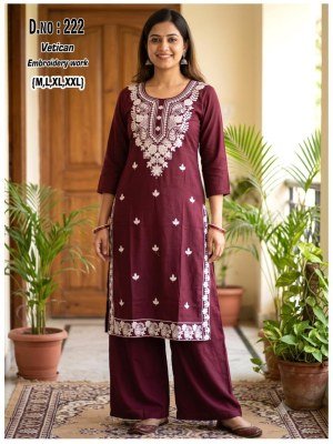 D.No. 220-225 Vetican Fabric Kurti Palazzo Set with Heavy Thread Work and Pocket Size wise Combo Set