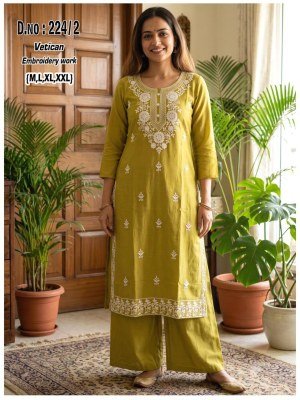 D.No. 220-225 Vetican Fabric Kurti Palazzo Set with Heavy Thread Work and Pocket Size wise Combo Set