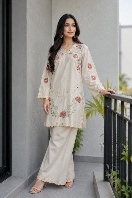D.No 2230 Afsana Viscose Linen Embroidered Kurti Plazzo Set with Cutwork 