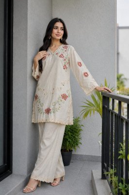 D.No 2230 Afsana Viscose Linen Embroidered Kurti Plazzo Set with Cutwork western wear