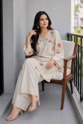 D.No 2230 Afsana Viscose Linen Embroidered Kurti Plazzo Set with Cutwork western wear