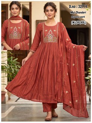 D.No. 327 Mul Chanderi Ghera 3-Piece Suit Set with Embroidered Dupatta 