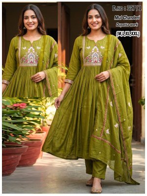 D.No. 327 Mul Chanderi Ghera 3-Piece Suit Set with Embroidered Dupatta Size wise Combo Set