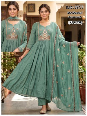 D.No. 327 Mul Chanderi Ghera 3-Piece Suit Set with Embroidered Dupatta Size wise Combo Set