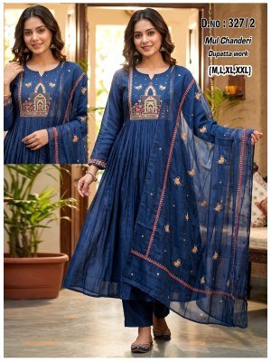 D.No. 327 Mul Chanderi Ghera 3-Piece Suit Set with Embroidered Dupatta Size wise Combo Set