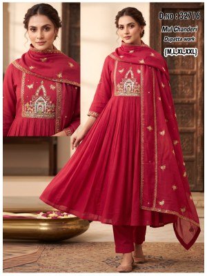 D.No. 327 Mul Chanderi Ghera 3-Piece Suit Set with Embroidered Dupatta Size wise Combo Set