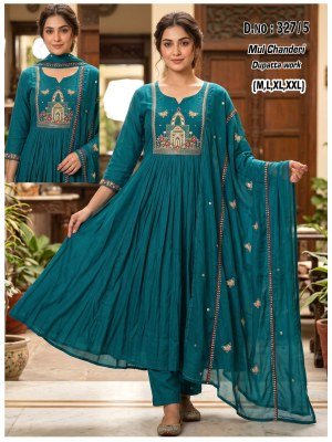 D.No. 327 Mul Chanderi Ghera 3-Piece Suit Set with Embroidered Dupatta Size wise Combo Set