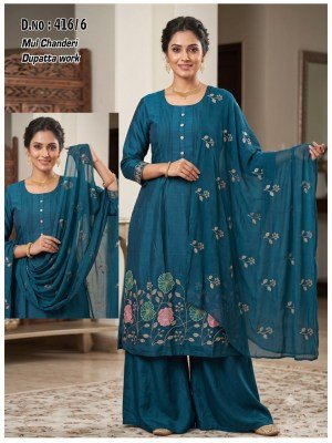 D.No 416-419 Mul Chanderi 3-Piece Suit Collection with Dupatta Work Size wise Combo Set