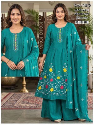 D.No 416-419 Mul Chanderi 3-Piece Suit Collection with Dupatta Work Size wise Combo Set