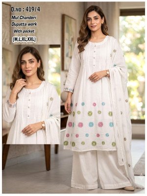 D.No 416-419 Mul Chanderi 3-Piece Suit Collection with Dupatta Work Size wise Combo Set