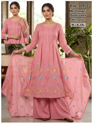 D.No 416-419 Mul Chanderi 3-Piece Suit Collection with Dupatta Work Size wise Combo Set