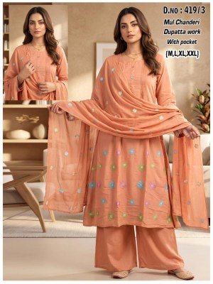 D.No 416-419 Mul Chanderi 3-Piece Suit Collection with Dupatta Work Size wise Combo Set