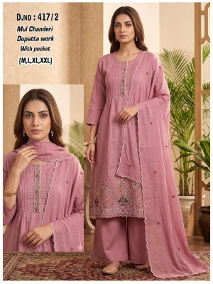 D.No 416-419 Mul Chanderi 3-Piece Suit Collection with Dupatta Work Size wise Combo Set