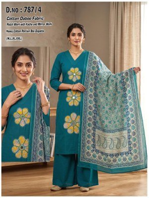 D.No. 787 1-6 Cotton Daboo Katha 3-Piece Suit Set with Dupatta Size wise Combo Set
