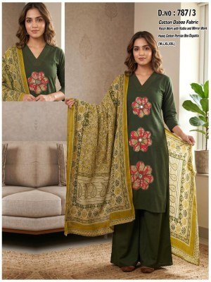 D.No. 787 1-6 Cotton Daboo Katha 3-Piece Suit Set with Dupatta Size wise Combo Set