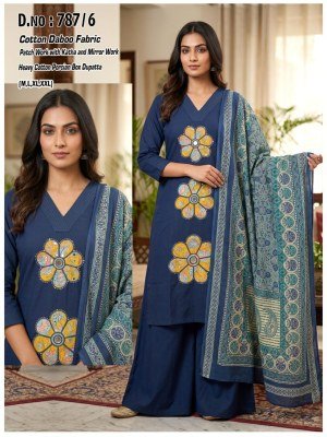D.No. 787 1-6 Cotton Daboo Katha 3-Piece Suit Set with Dupatta Size wise Combo Set