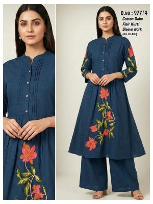 D.No. 977 Dhabu Cotton Ghera Pleating Kurti with Sleeve Work Size wise Combo Set
