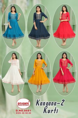 D no 8681 by Kangana vol 2 reyon sequence neck work flared kurti catalogue kurtis catalogs