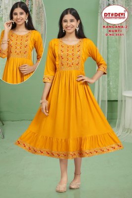 D no 8681 by Kangana vol 2 reyon sequence neck work flared kurti catalogue kurtis catalogs