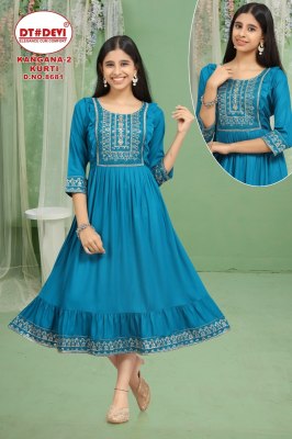 D no 8681 by Kangana vol 2 reyon sequence neck work flared kurti catalogue kurtis catalogs