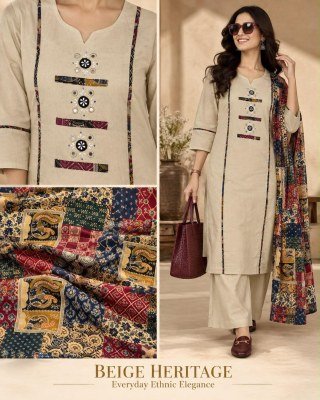 DABOO Cotton 3-Piece Pure Cotton Dupatta Patchwork Mirror Work Suit Set Size wise Combo Set