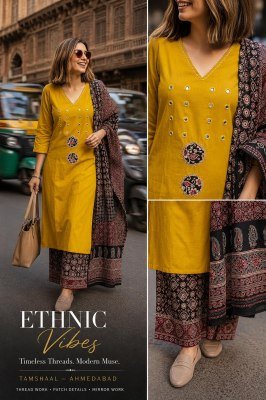 DABOO Cotton 3-Piece Suit Set with Pure Cotton Dupatta Patchwork Mirror  