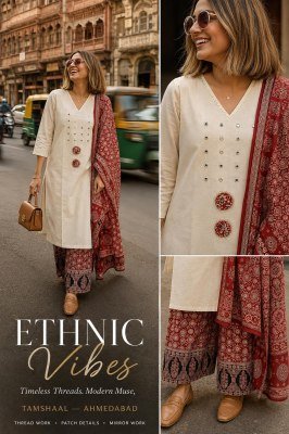 DABOO Cotton 3-Piece Suit Set with Pure Cotton Dupatta Patchwork Mirror  Size wise Combo Set