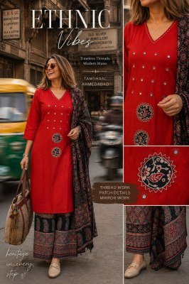 DABOO Cotton 3-Piece Suit Set with Pure Cotton Dupatta Patchwork Mirror  Size wise Combo Set