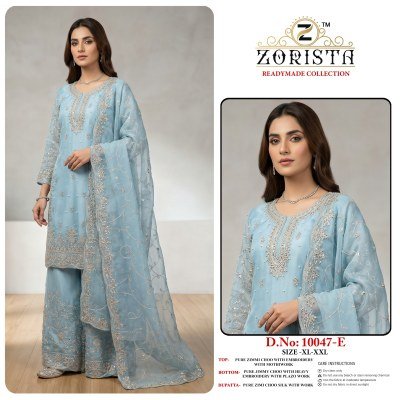 DN 10047 Zorista Pakistani Readymade Zimmi Choo Silk Embroidery Suit Set with Plazo & Dupatta wholesale catalogs
