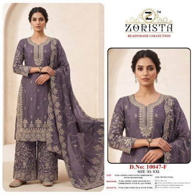 DN 10047 Zorista Pakistani Readymade Zimmi Choo Silk Embroidery Suit Set with Plazo & Dupatta pakistani suit catalogs