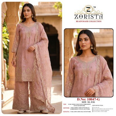 DN 10047 Zorista Pakistani Readymade Zimmi Choo Silk Embroidery Suit Set with Plazo & Dupatta pakistani suit catalogs