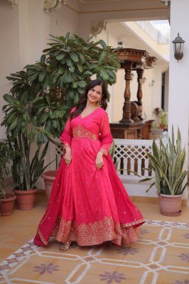 DN-1235 Premium Digital Printed Russian Silk Embroidered Gown with Dupatta gowns