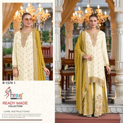 DN 1574 by Shree Fab Chinon Silk embroidered work Fancy sharara suit collection at low rate Shree fab