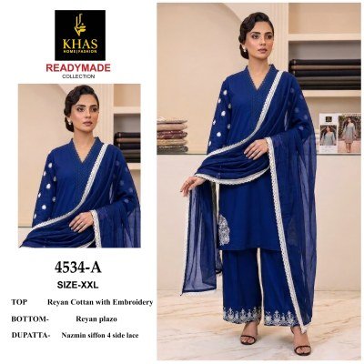DN 4534 Khas Readymade Rayon Cotton Embroidery Kurti Plazo Set with Dupatta wholesale catalogs