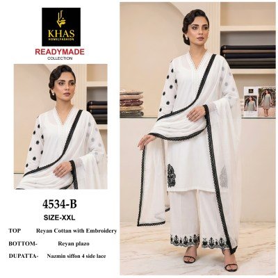 DN 4534 Khas Readymade Rayon Cotton Embroidery Kurti Plazo Set with Dupatta Fancy Palazzo suit catalogue