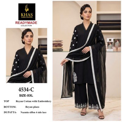 DN 4534 Khas Readymade Rayon Cotton Embroidery Kurti Plazo Set with Dupatta Fancy Palazzo suit catalogue
