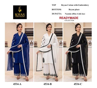 DN 4534 Khas Readymade Rayon Cotton Embroidery Kurti Plazo Set with Dupatta Fancy Palazzo suit catalogue
